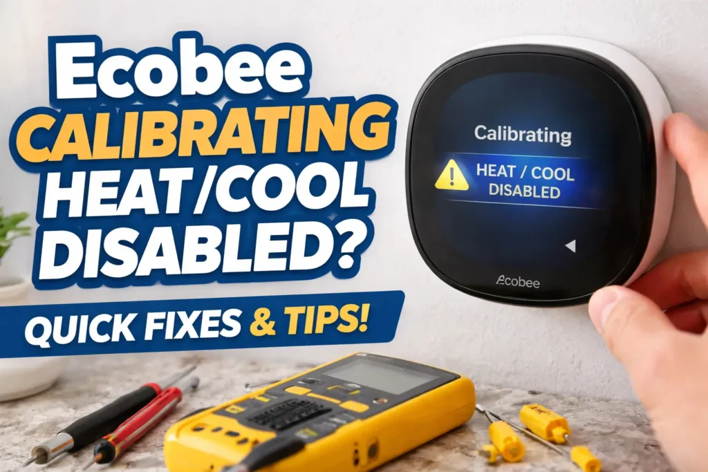 Ecobee thermostat displaying 'Calibrating Heat / Cool Disabled' with a hand adjusting it, surrounded by tools like a multimeter and screwdriver, and a warning icon, promoting quick fixes and tips.