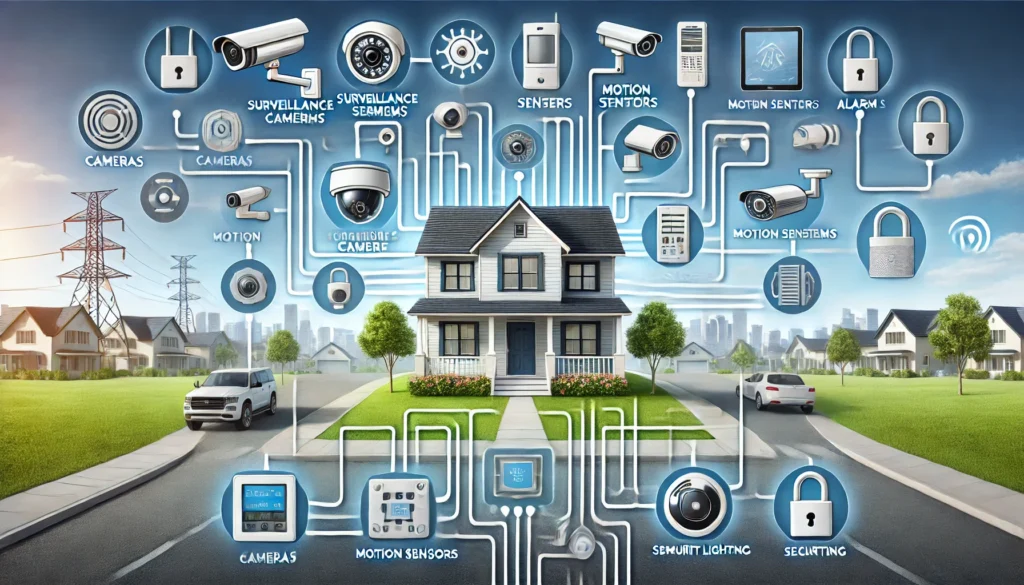 DALL·E 2024 10 15 13.06.38 A horizontal image showcasing key components of home security systems. The image includes a central house surrounded by various security system elemen