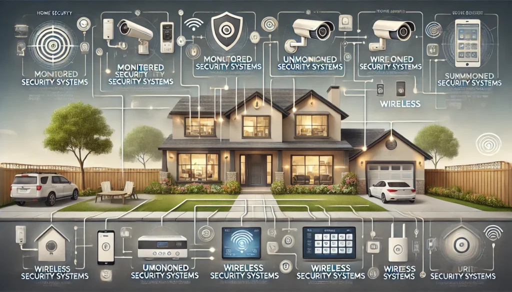 DALL·E 2024 10 15 13.09.40 A horizontal image illustrating different types of home security systems. The image is divided into sections each representing a specific type monit