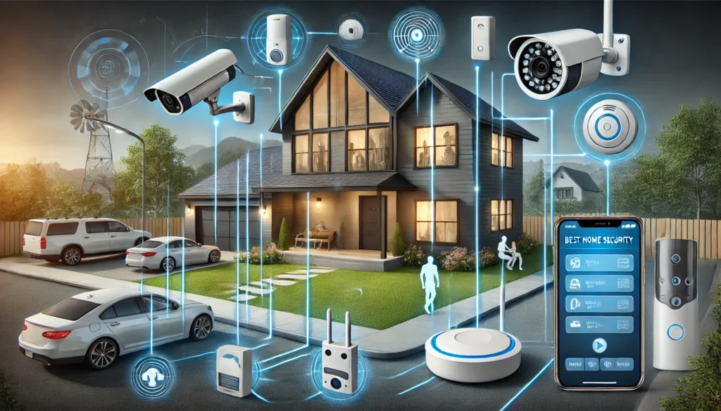 DALL·E 2024 10 15 13.19.18 A horizontal image showcasing the best home security system for your home. The image features a modern house with top tier security components includ