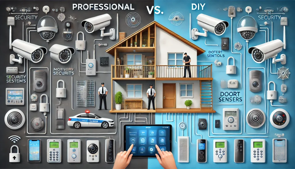 DALL·E 2024 10 15 13.21.35 A horizontal image comparing professional vs. DIY home security systems. The image is split into two sides one side represents a professional system