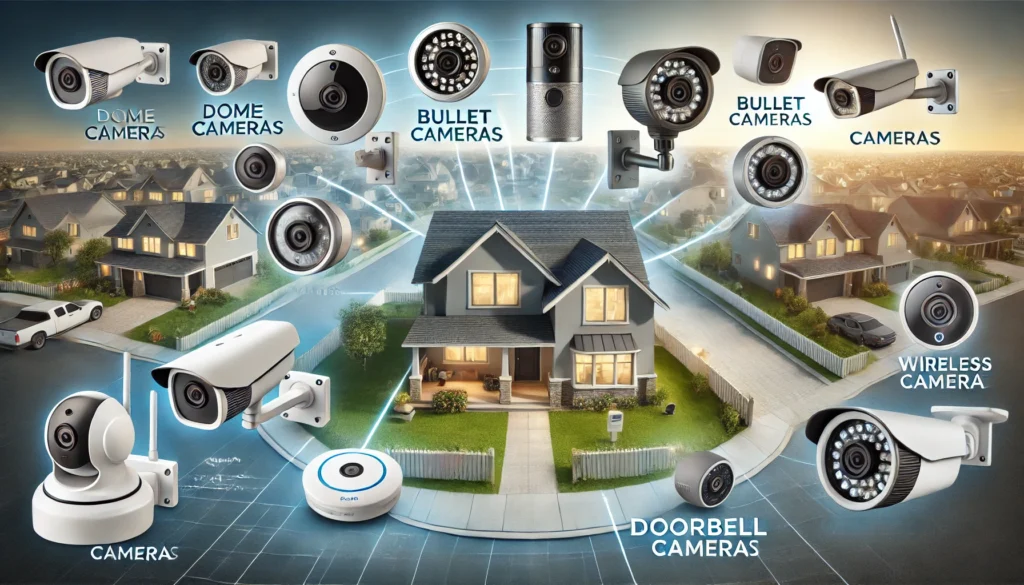 DALL·E 2024 10 15 13.22.28 A horizontal image focusing on different types of home security cameras. The image displays various camera styles including dome cameras bullet came