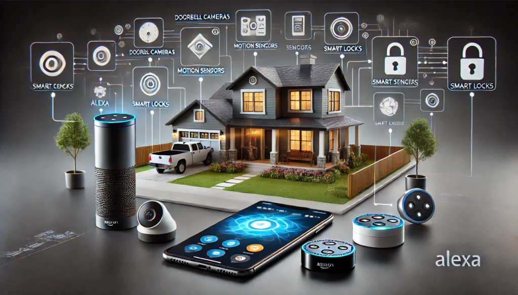 DALL·E 2024 10 15 13.23.16 A horizontal image showcasing smart home security integration with Alexa. The image features a modern home with smart security devices like doorbell c