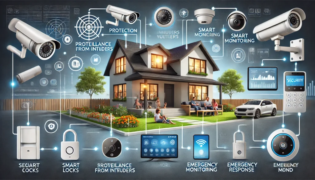 DALL·E 2024 10 15 13.23.56 A horizontal image showcasing the benefits of owning a security system for your home. The image includes a modern house with various security elements