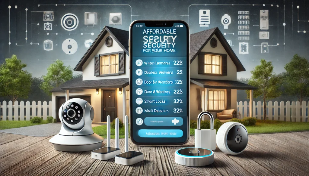 DALL·E 2024 10 15 13.25.20 A horizontal image showcasing an affordable home security system for your home. The image features budget friendly security components like wireless c