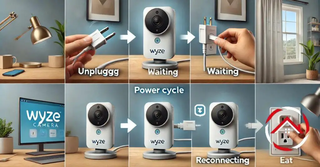 How to Power cycle Wyze camera by unplugging and reconnecting for reset.