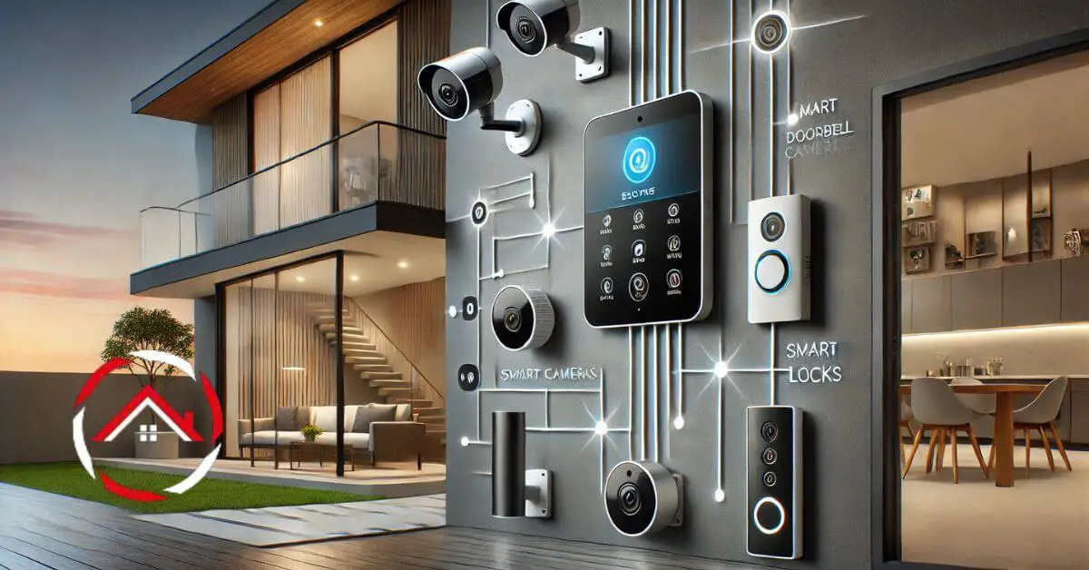 Modern home with smart home security systems, cameras, and locks.