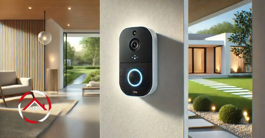 Abode wireless doorbell as one of Abode camerass has a sleek design on modern white wall.