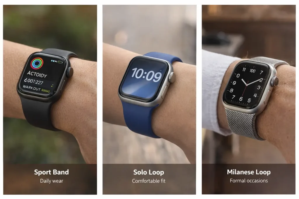 Apple Watch Series 9 with Sport Band, Solo Loop, and Milanese Loop showcasing different bands for daily wear, comfort, and formal occasions.