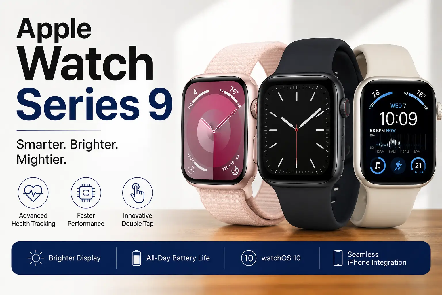 Apple Watch Series 9 in multiple colors with advanced smartwatch features.