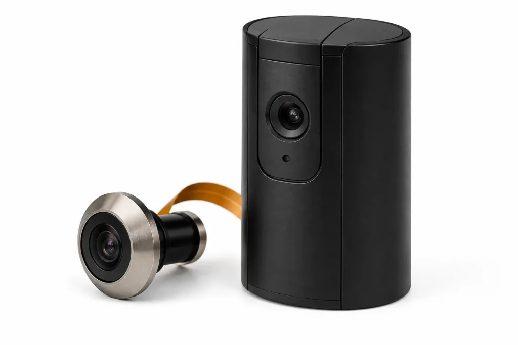 Brinno SHC1000 digital peephole camera and privacy viewer on white backdrop