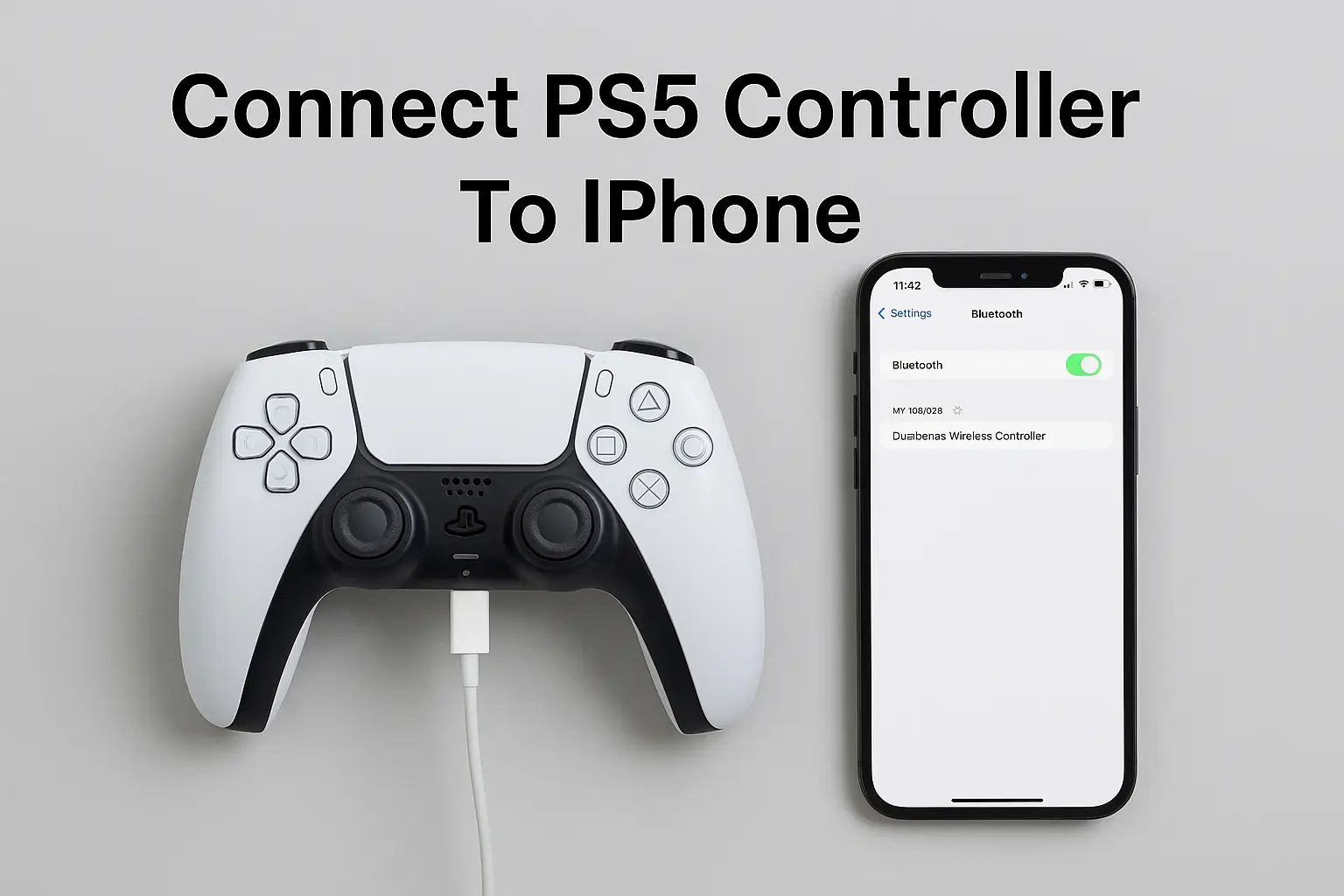 PlayStation 5 DualSense controller connected to iPhone via Bluetooth showing pairing status on screen — How To Connect PS5 Controller To iPhone