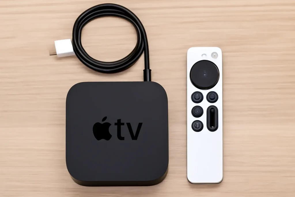 Apple TV, remote, and charging accessories on a wood-grain surface with soft lighting.
