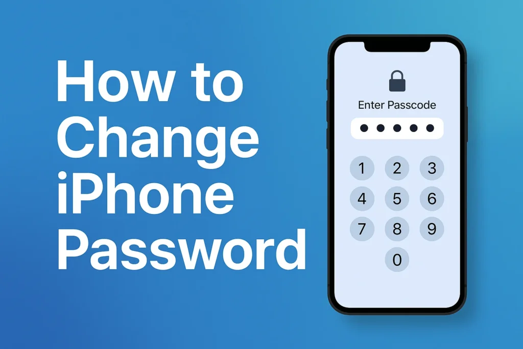 Blue gradient image showing text ‘How to Change iPhone Password’ with an iPhone screen displaying passcode entry.