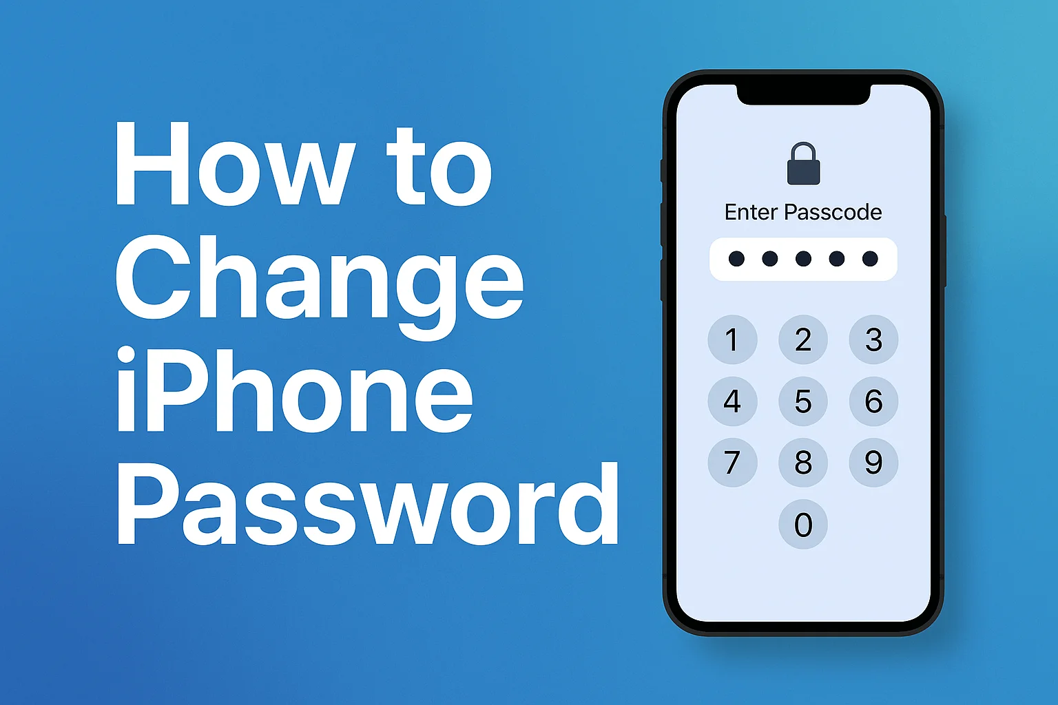 Blue gradient image showing text ‘How to Change iPhone Password’ with an iPhone screen displaying passcode entry.
