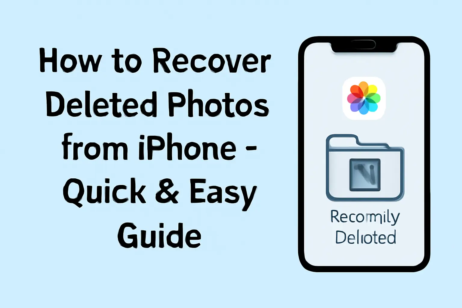 How to recover deleted photos from iPhone – Quick & easy guide with a visual of an iPhone showing the "Recently Deleted" folder in the Photos app.