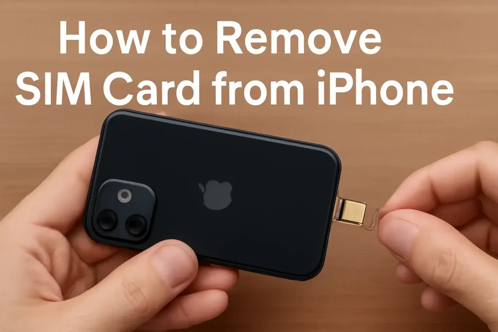 Close-up image showing the process of removing a SIM card from an iPhone with an ejector tool, featuring the text 'How to Remove SIM Card from iPhone' overlaid in bold white font