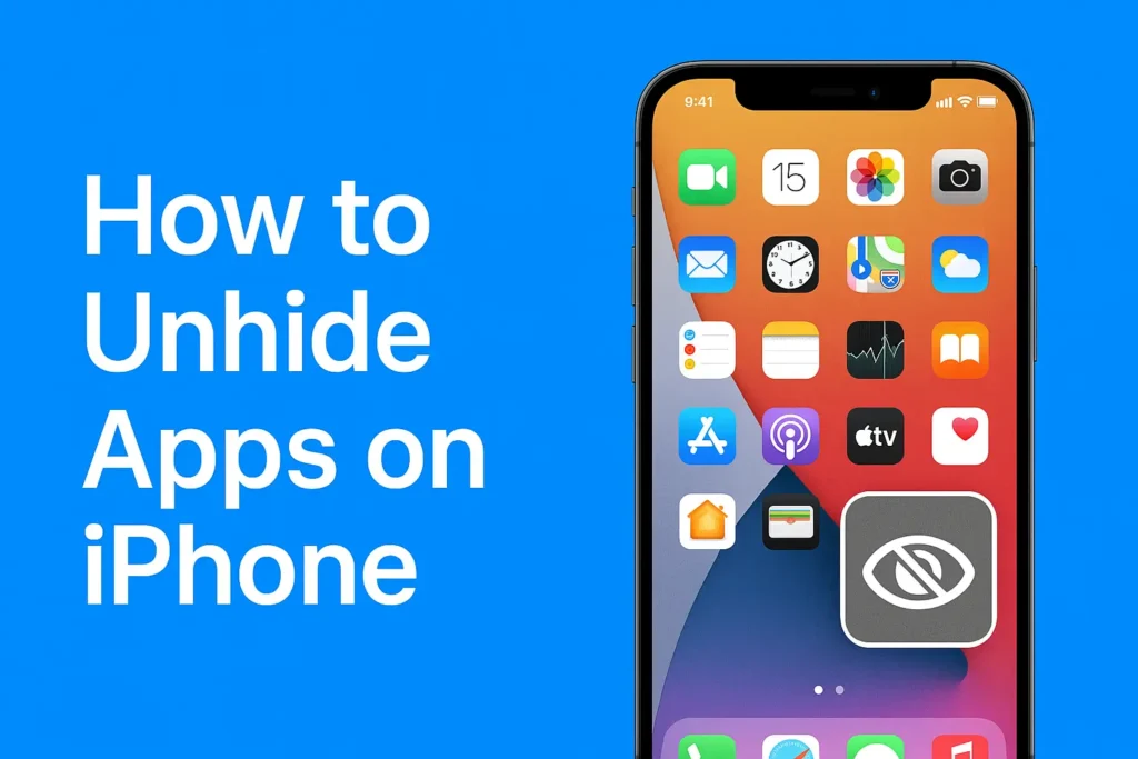 How to Unhide Apps on iPhone – visual guide showing iPhone Home Screen with hidden app icon and text instructions on blue background.