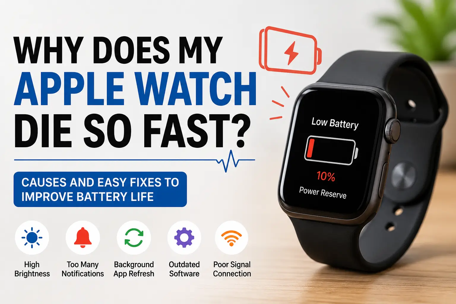 Apple Watch low battery warning with common battery drain causes and fixes.