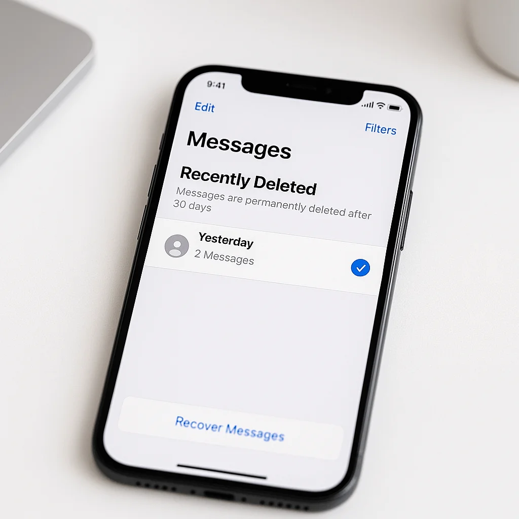 iPhone screen showing the Recently Deleted folder in the Messages app with the Recover Messages option, illustrating Can You Recover Deleted Texts On iPhone process.