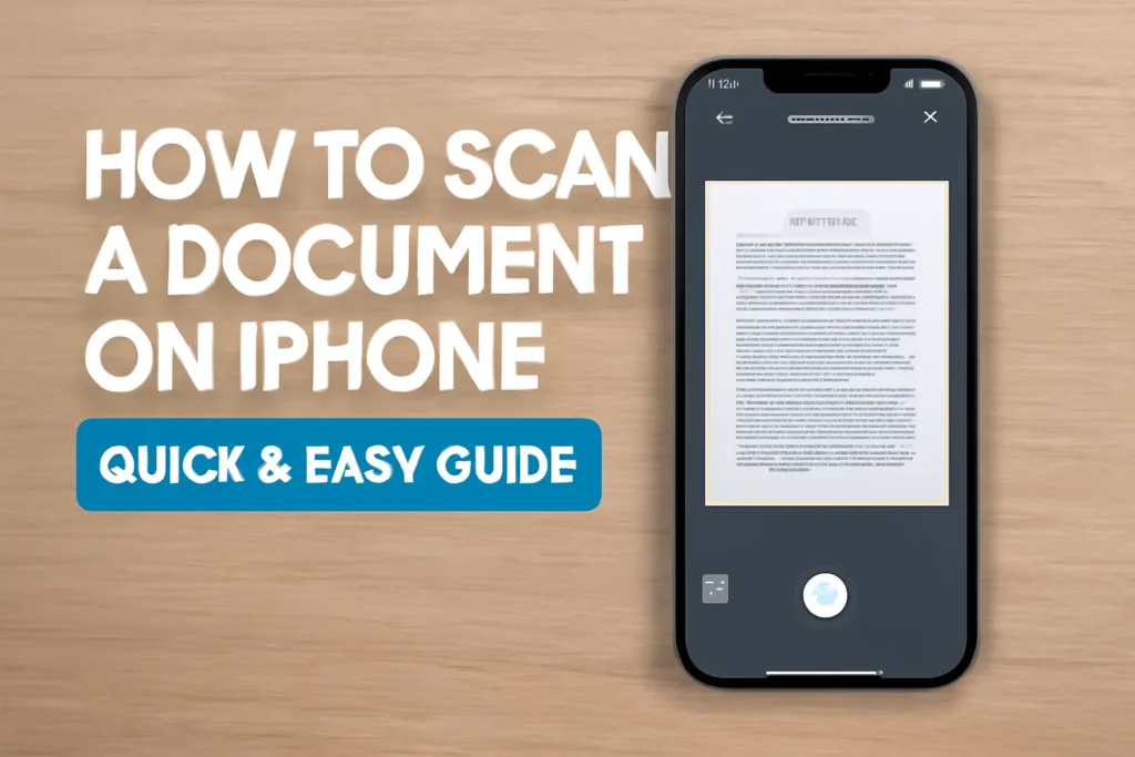 iPhone displaying a scanned document with the text 'How To Scan A Document On iPhone' and 'Quick & Easy Guide' on a wooden surface.