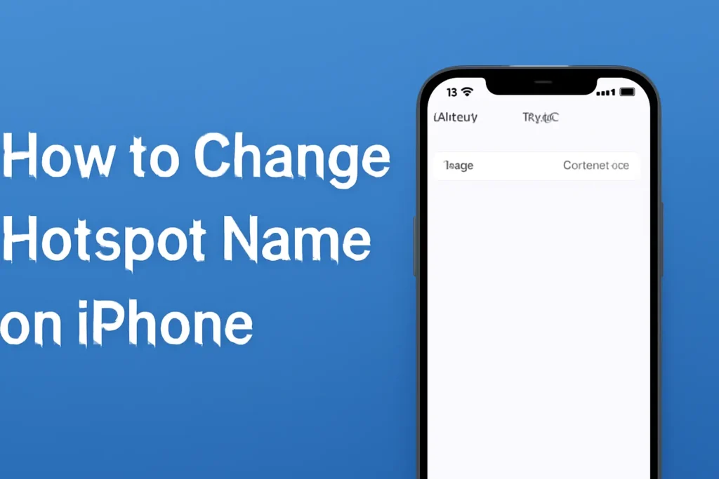 The image shows the text "How to Change Hotspot Name on iPhone" in bold white letters on the left, against a blue gradient background. On the right, there is an iPhone screen displaying the "Name" settings page.