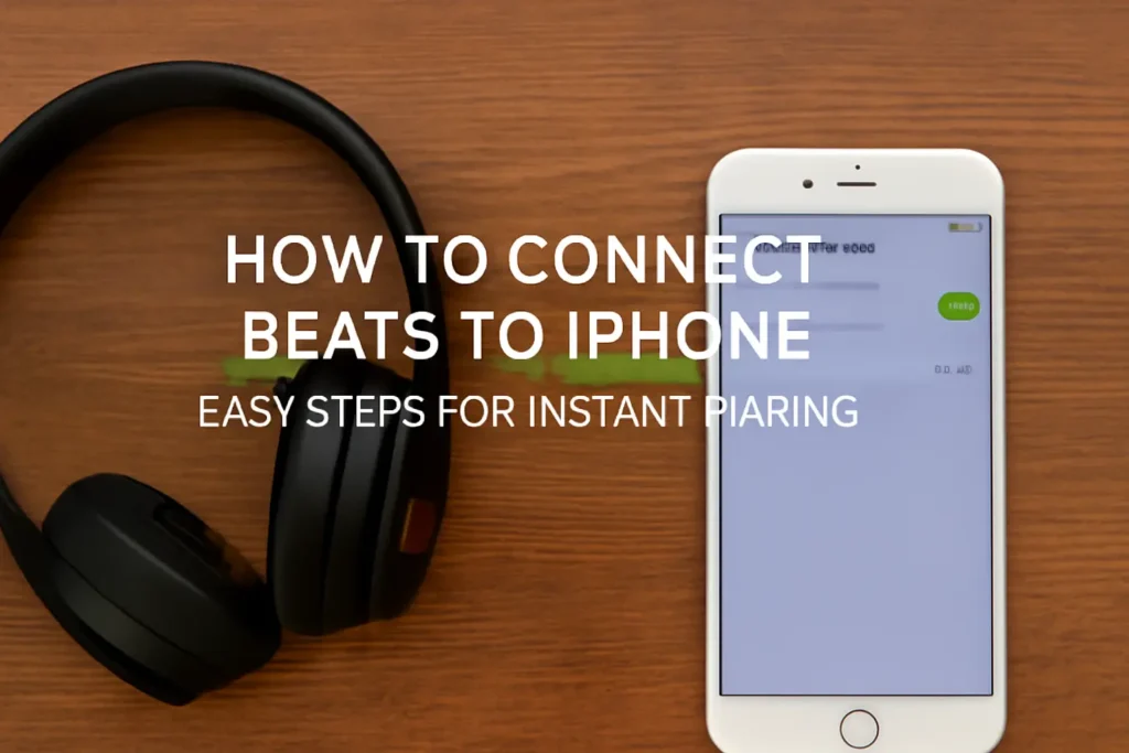 Black Beats headphones and iPhone with Bluetooth settings on a wooden surface, demonstrating how to connect Beats to iPhone for easy pairing.