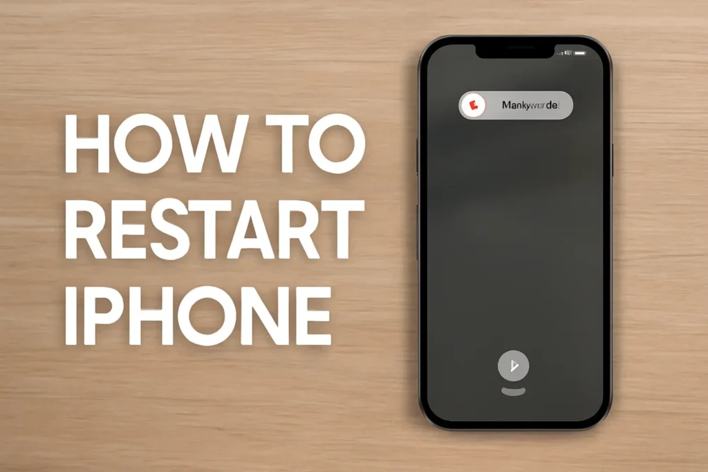 iPhone displaying the 'How To Restart iPhone' screen with the 'slide to power off' option, set against a light wooden background.
