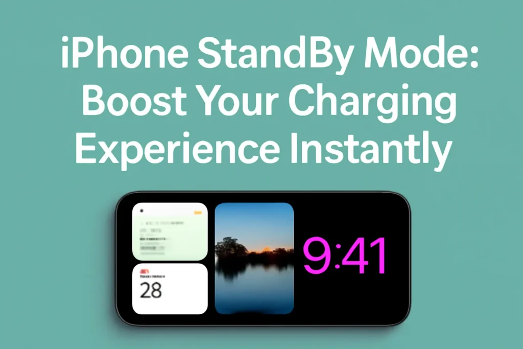 iphone standby mode displaying widgets, a lakeside photo, and a digital clock on a soothing light teal background.