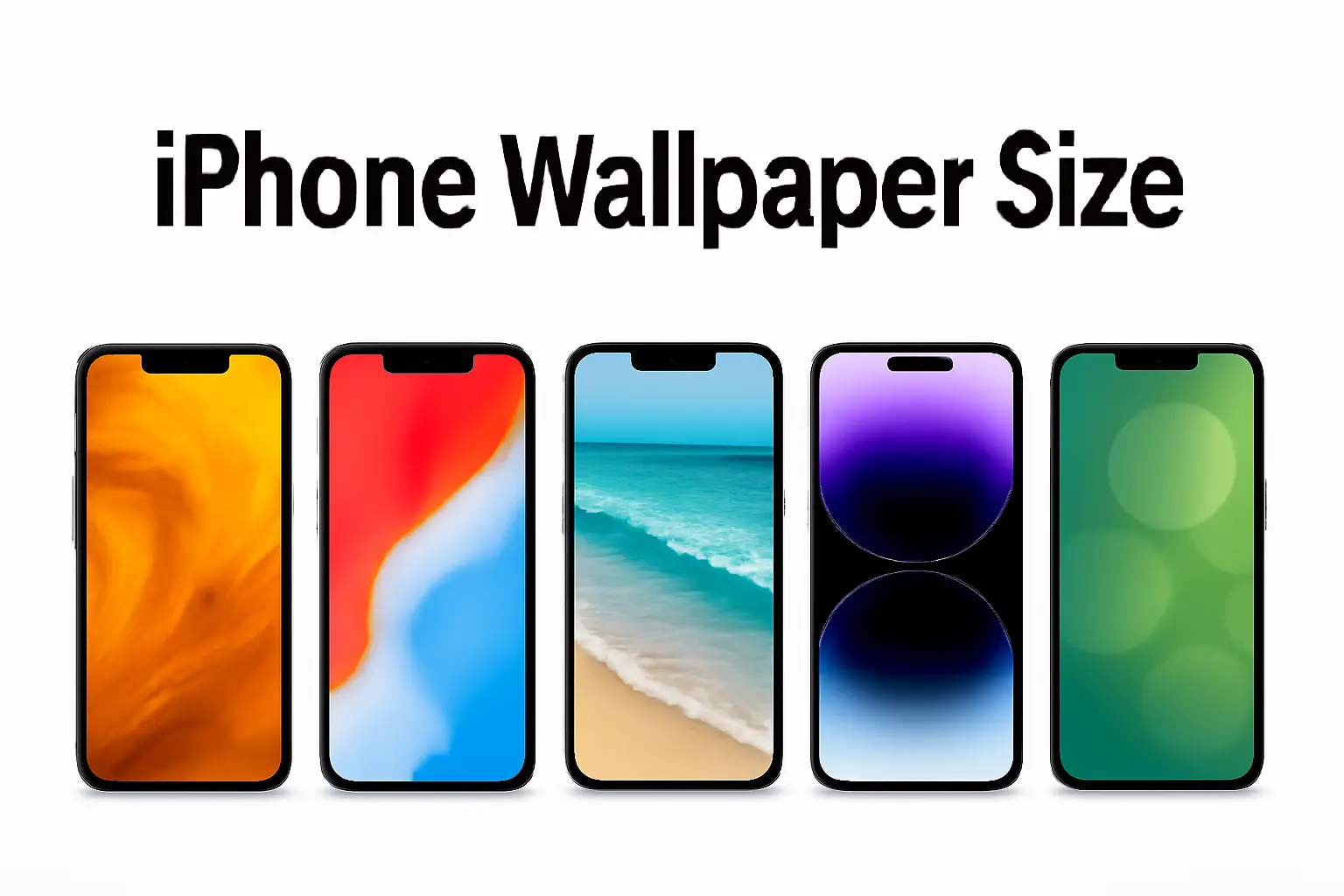 Five iPhones with different colorful wallpapers displayed under the text “iPhone Wallpaper Size” on a clean white background for a modern visual presentation.