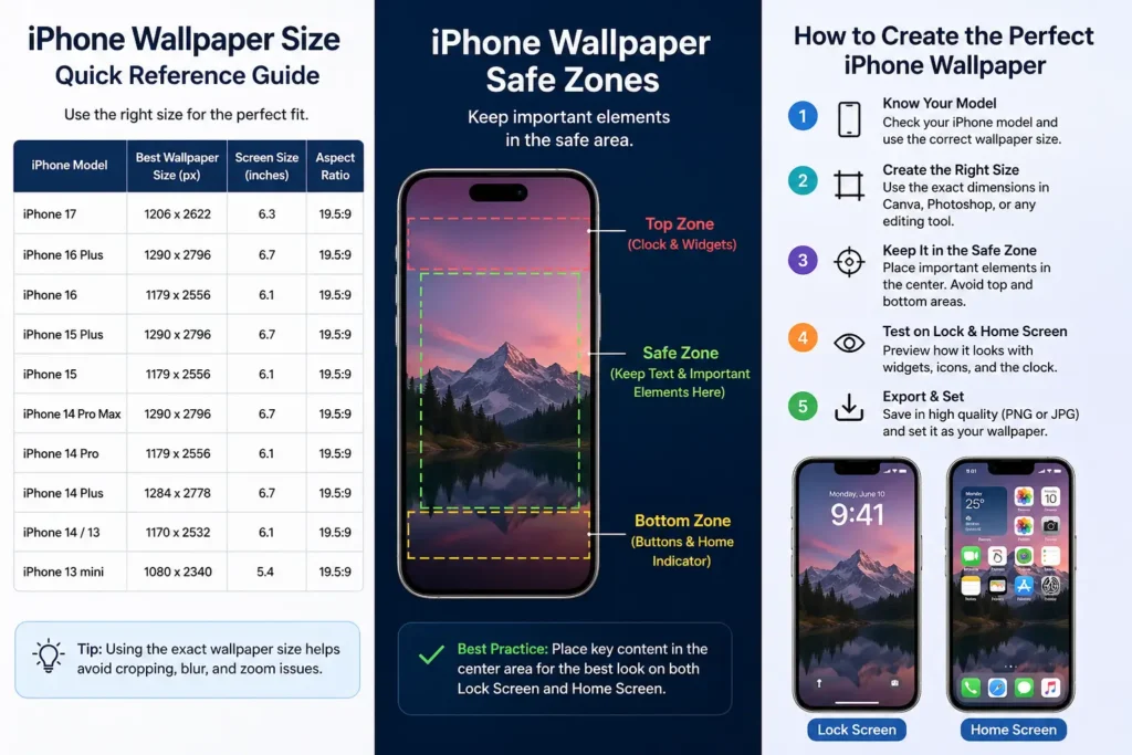 iPhone wallpaper size guide with safe zones and setup steps