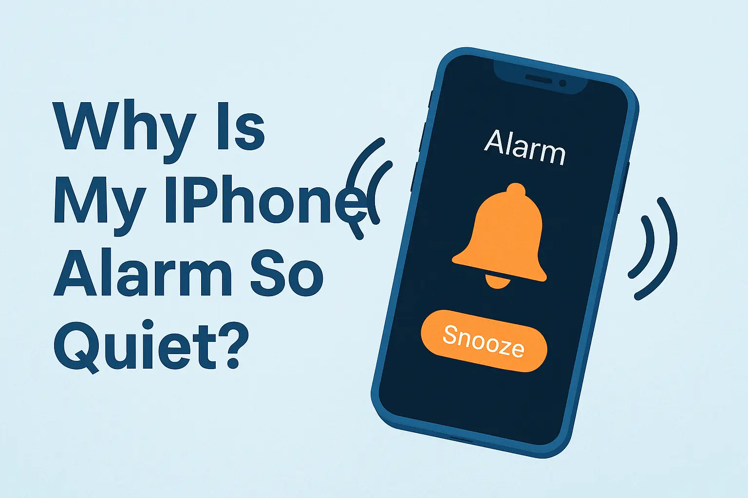 Illustration showing an iPhone with an alarm screen and the word “Snooze,” next to large text reading “Why Is My iPhone Alarm So Quiet?” on a light blue background.