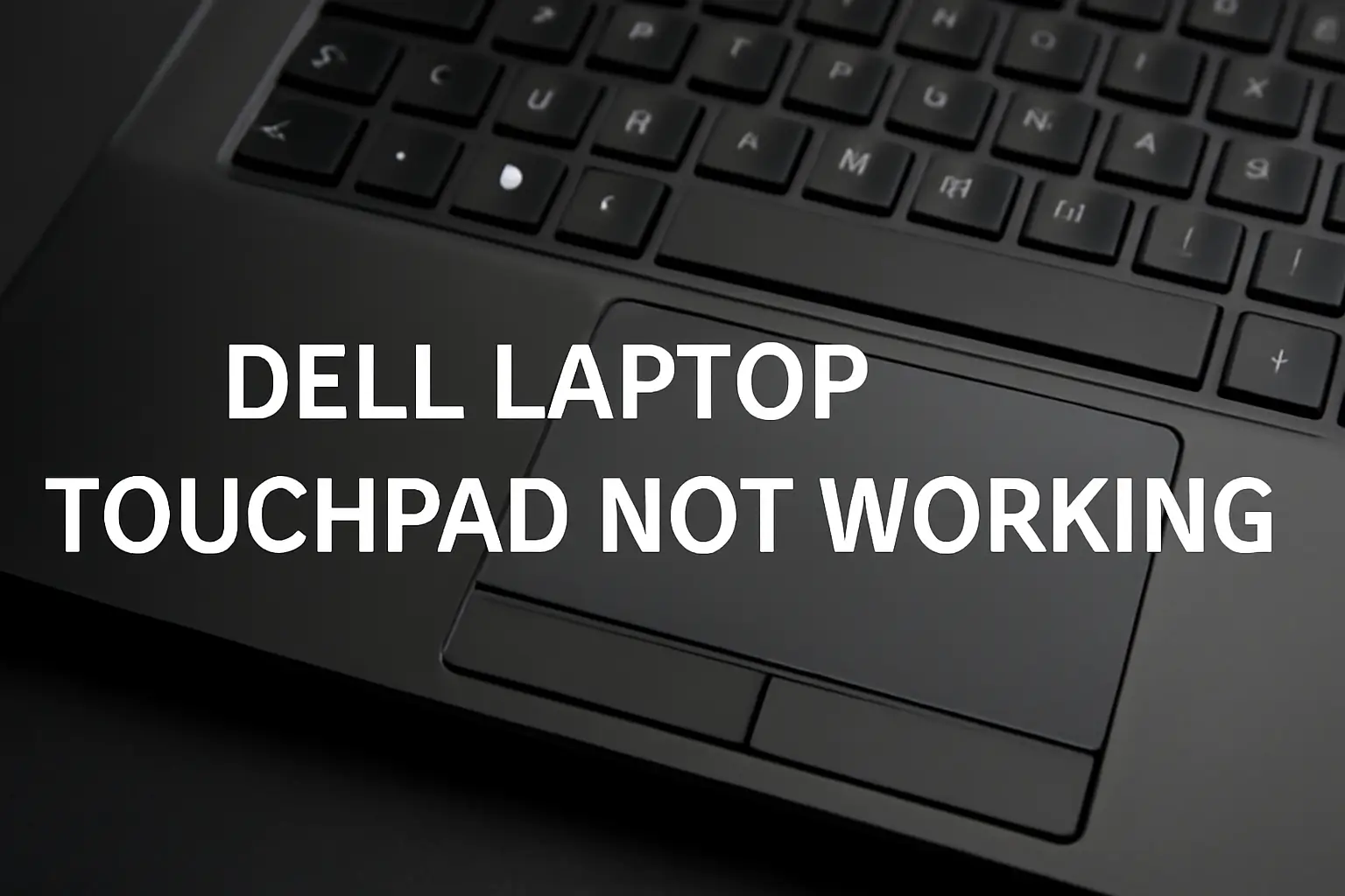 Close-up image of a Dell laptop with a non-functional touchpad, displaying the text "Dell laptop Touchpad not working" prominently across the touchpad area.