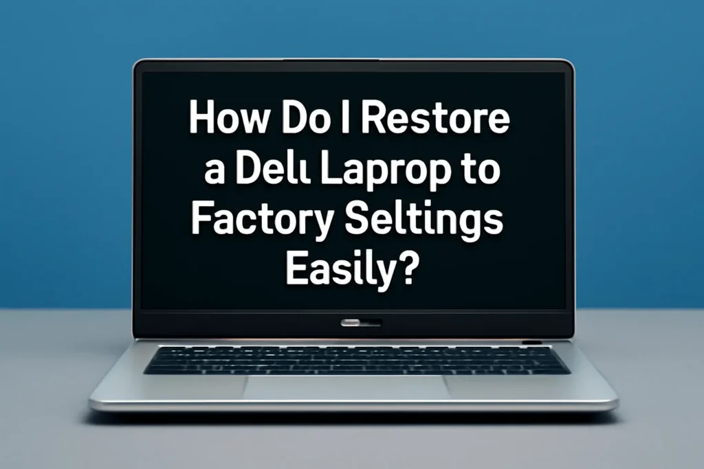 Dell laptop with a blue background displaying the text 'How Do I Restore a Dell Laptop to Factory Settings Easily?' on the screen, emphasizing easy steps for resetting a laptop.