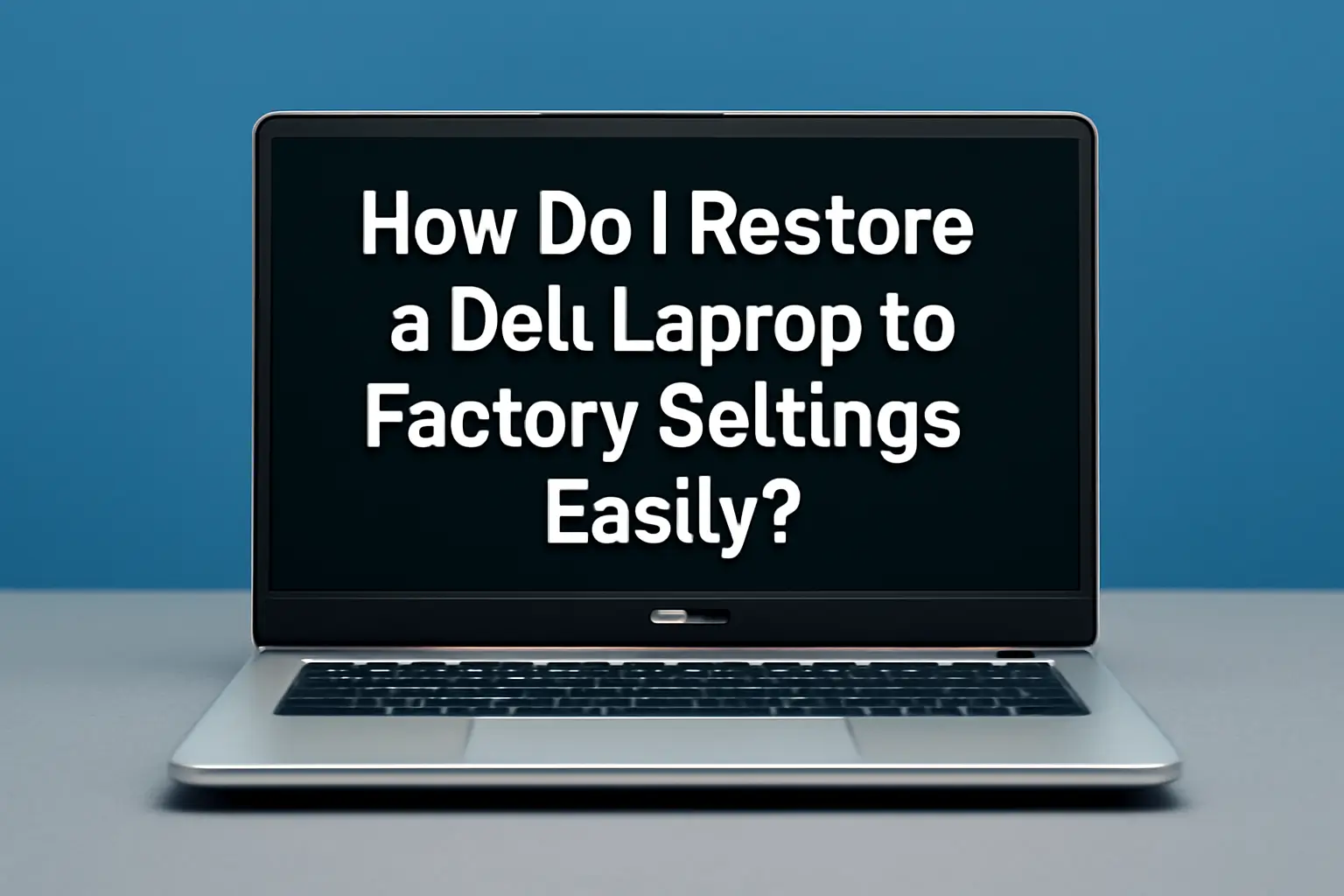 Dell laptop with a blue background displaying the text 'How Do I Restore a Dell Laptop to Factory Settings Easily?' on the screen, emphasizing easy steps for resetting a laptop.