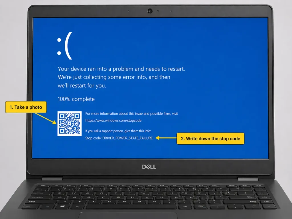 Dell laptop blue screen error showing stop code to record before restarting