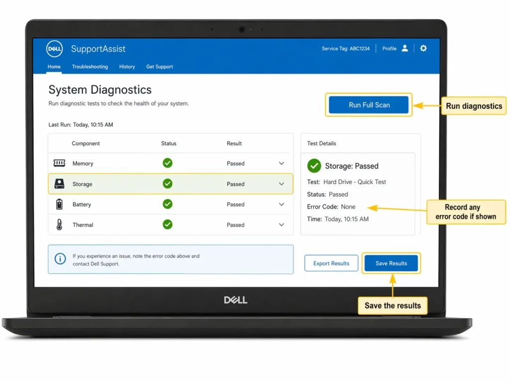 Dell SupportAssist diagnostics screen for checking hardware after a blue screen