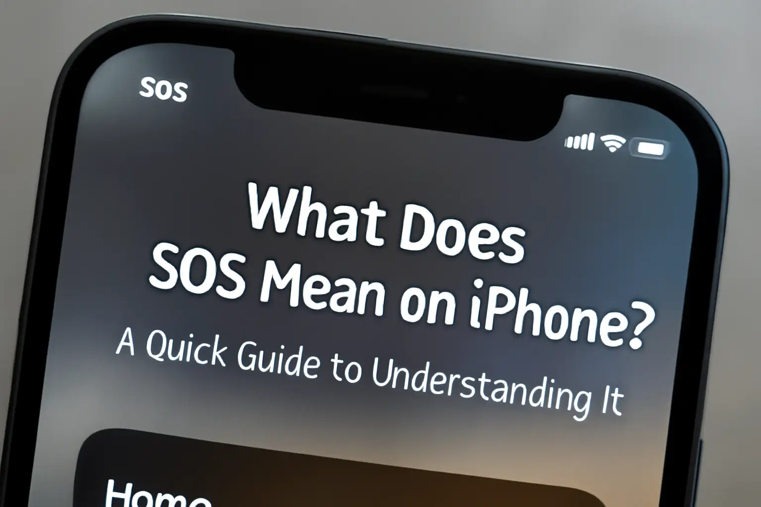 Close-up of an iPhone showing "SOS" in the status bar with the text "What Does SOS Mean on iPhone? A Quick Guide to Understanding It" on the screen.