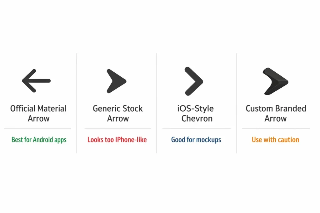 Android back button image comparison showing official Material arrow, generic stock arrow, iOS-style chevron, and custom branded arrow side by side.