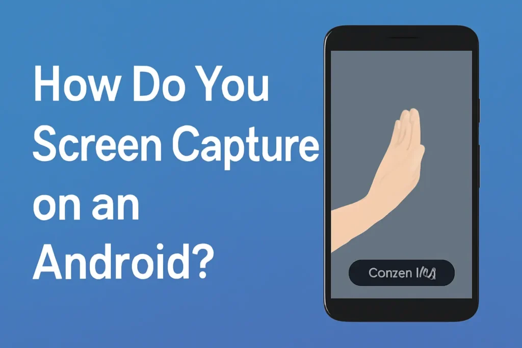 A phone on the right side while "how do you screen capture on an android" is written on the left.