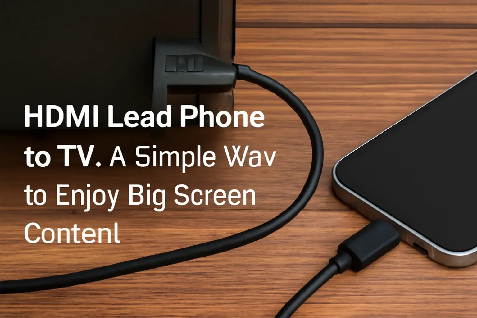 Close-up of an HDMI cable connecting a smartphone to a TV, showcasing the simplicity of big-screen connectivity with a sleek design and warm lighting