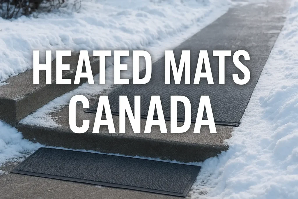 Heated mats on snowy stairs and walkway in Canada with bold text “Heated Mats Canada,” showing snow-free paths for winter safety.