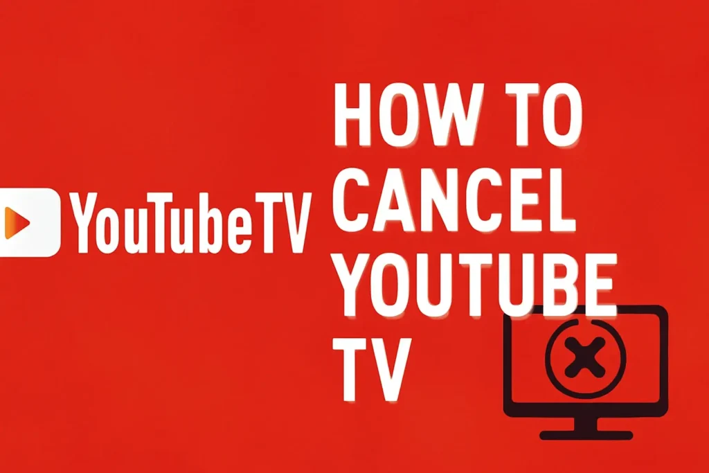 How to Cancel YouTube TV guide with YouTube TV logo and a cancel icon on a monitor, featuring bold white text on a red background.