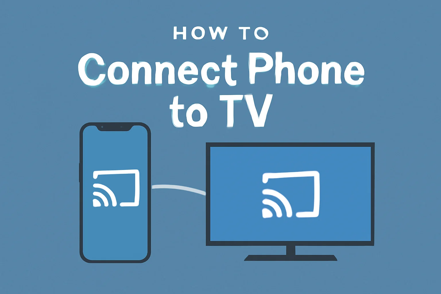 How to connect phone to TV illustration with a smartphone wirelessly connecting to a TV, showing the casting icon, set against a blue background