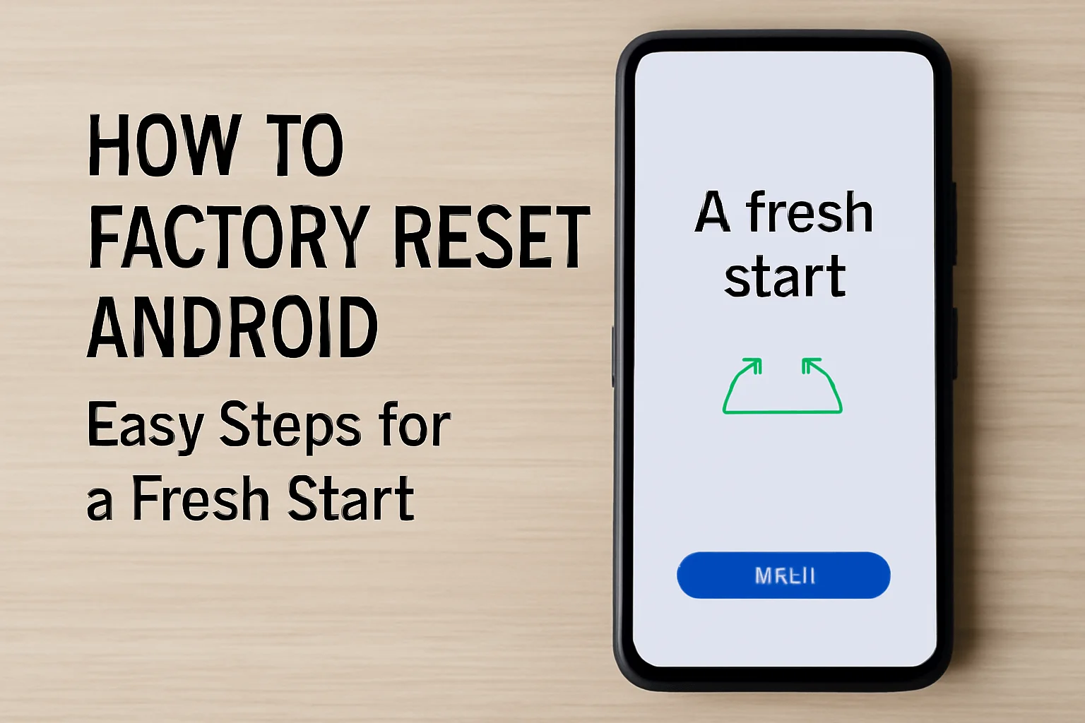 Android smartphone on a wooden surface showing the words 'A fresh start' with a green Android robot logo and blue 'RESET' button, featuring the title 'How to Factory Reset Android