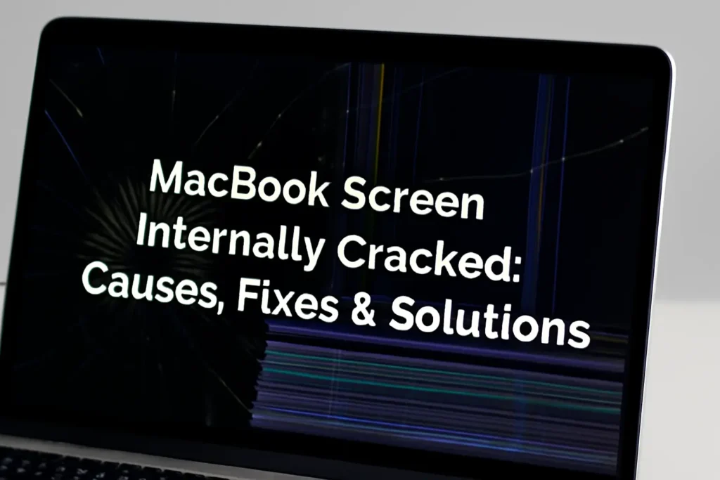 MacBook screen with internal cracks and display distortion, showing the text 'MacBook Screen Internally Cracked: Causes, Fixes & Solutions' on the screen