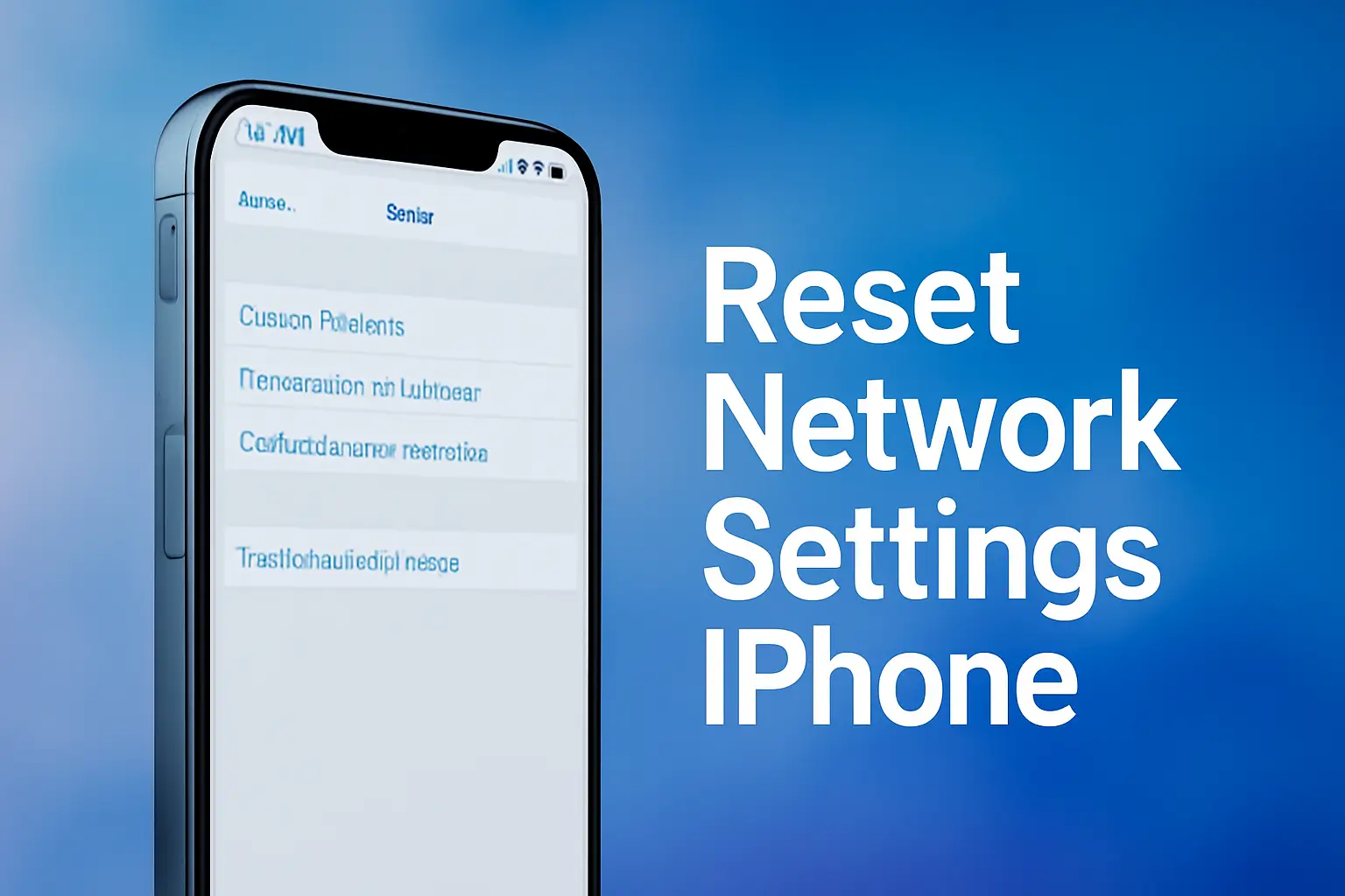 iPhone displaying "Reset Network Settings iPhone" option with sleek design against a blue gradient background, highlighting the reset process for network issues.