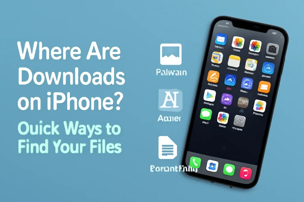 iPhone screen displaying app icons with the text "Where Are Downloads on iPhone? Quick Ways to Find Your Files" on a blue background.