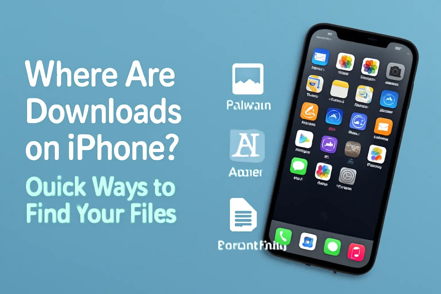 iPhone screen displaying app icons with the text "Where Are Downloads on iPhone? Quick Ways to Find Your Files" on a blue background.