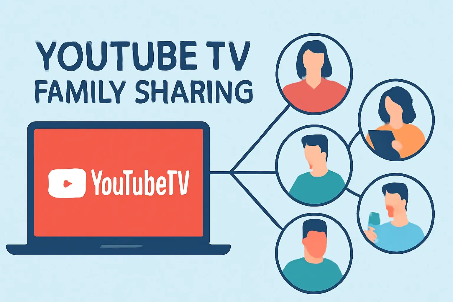 Digital illustration showcasing YouTube TV Family Sharing, with a laptop displaying the YouTube TV logo and four family members using different devices, set against a light blue background with bold text 'YOUTUBE TV FAMILY SHARING.